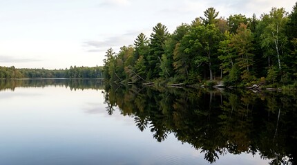 Serene forest landscape with mirror reflection on calm water © Dyahpuji