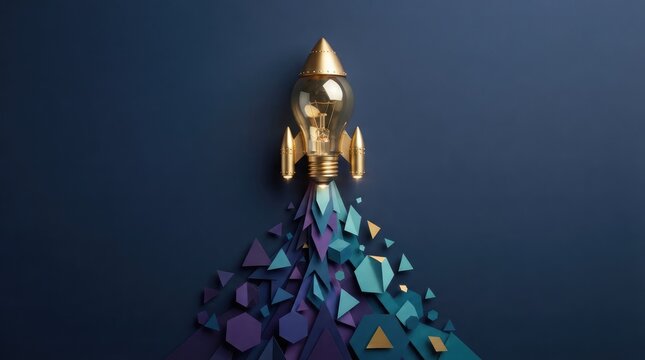 Golden rocket lightbulb launching with colorful geometric particle trail on dark background, representing creative business startup and innovation