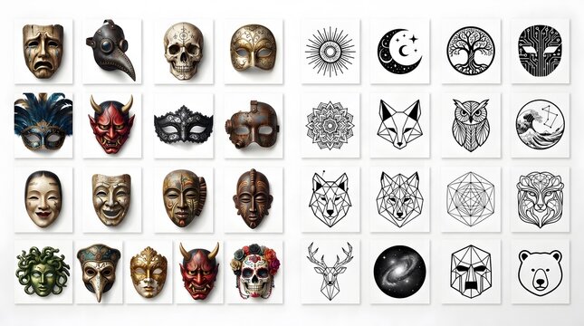 Collection of various artistic masks and geometric tattoo designs