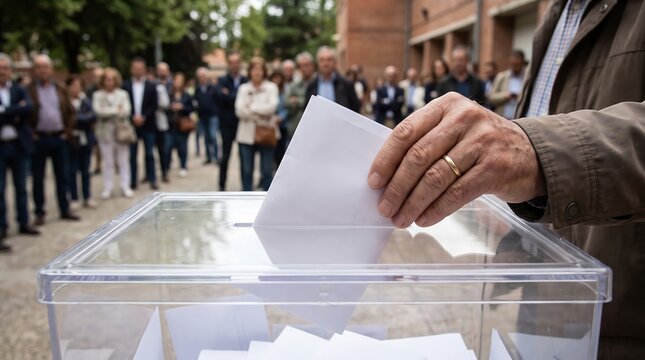 Close up of a Citizen Casting a Ballot into a Transparent Box during National Election, Concept of Democracy and Civic Duty with People in Background