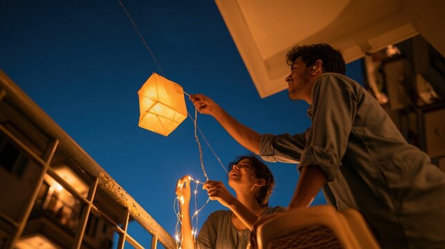 Two young adults hanging a glowing saffron paper lantern on a balcony at blue hour, naturally laughing for festive decor and flat-share life
