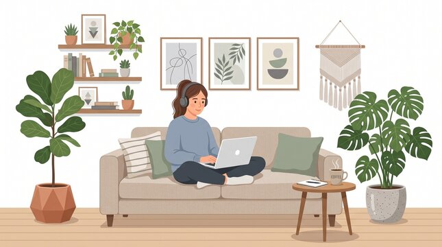 Woman relaxing on couch with laptop and drink