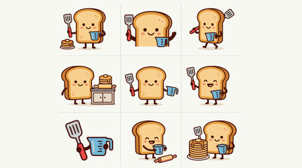 Obraz premium Cute anthropomorphic toast character set with kitchen tools, cooking, baking, breakfast, food, fun cartoon style
