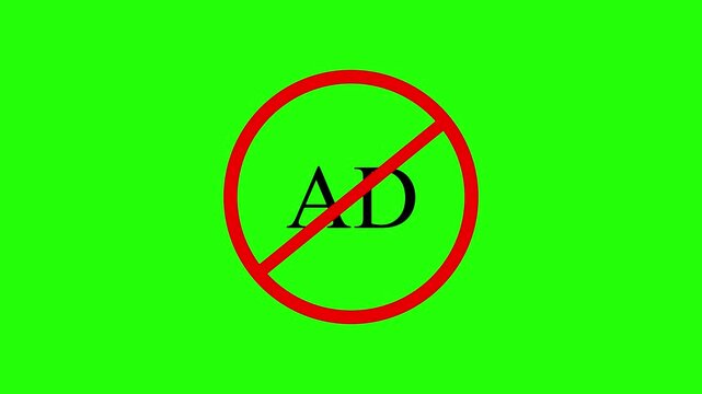 Animated AD text with red prohibition stop sign on green background, ad blocker pop up block status indicator, advertisement disabled UI UX motion graphic design video element.