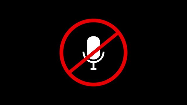Muted microphone icon animation with red prohibition stop sign on black background, audio record off silent status indicator, voice disabled UI UX motion graphic design video element.
