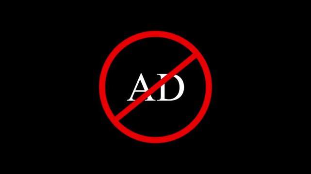 Animated AD text with red prohibition stop sign on black background, ad blocker pop up block status indicator, advertisement disabled UI UX motion graphic design video element.