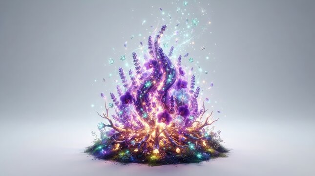 Magical glowing purple lavender bonfire emitting sparkling violet flames and mystical energy sparkles on a clean studio background digital illustration