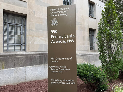 Sign for the Robert F. Kennedy Department of Justice Building at 950 Pennsylvania Avenue NW - Washington, District of Columbia, USA - July 28, 2026