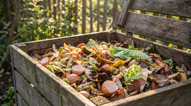 Organic food and garden waste in a rustic wooden compost bin. Sustainable decomposition process creating nutrient-rich soil for eco-friendly gardening and waste reduction