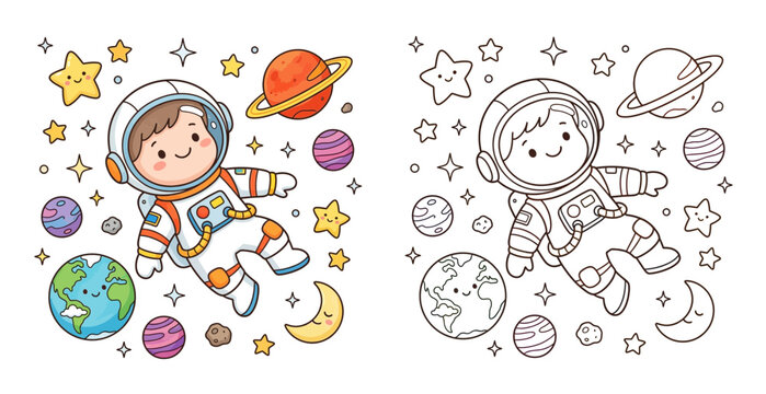Cute Chibi Astronaut Boy Floating in Space with Planets and Stars Illustration and Coloring Page, Kids Solar System Vector Art