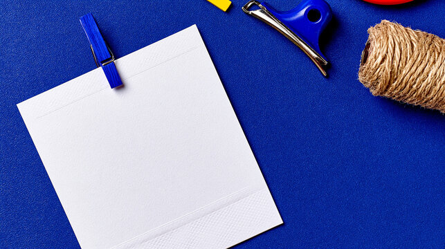 Blank white note held by a blue clothespin on a textured blue surface with twine