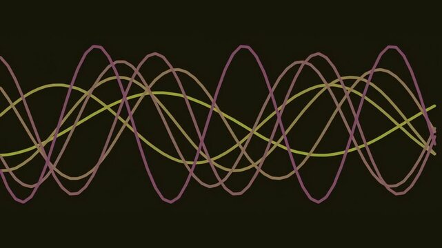 A series of intertwined wavy lines in pink and green colors set against a solid black background, creating an abstract and dynamic pattern.