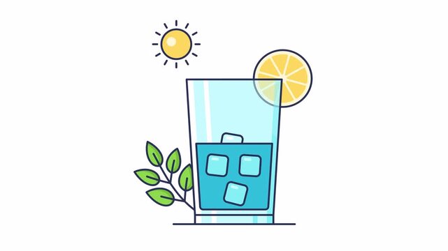 Hydration glass water with refreshing lemon. Animated icon style, looping animation with alpha channel