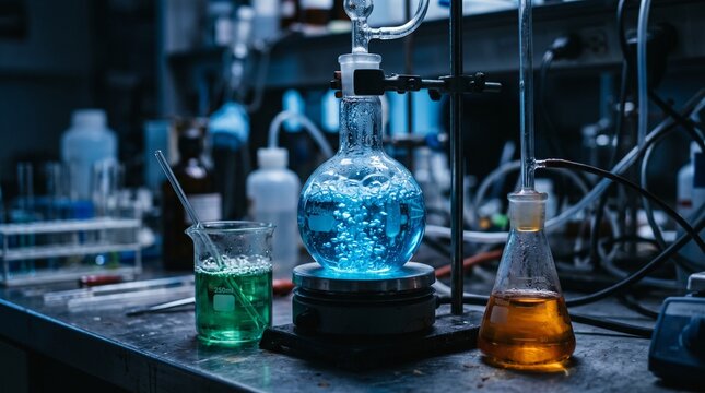 Glowing chemical flasks and beakers with colorful bubbling liquids inside a modern science laboratory