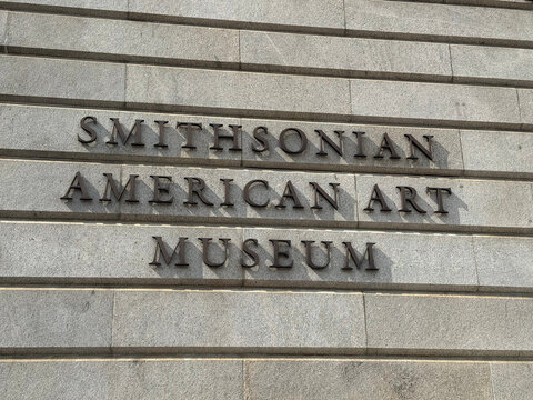 Stone facade lettering for the Smithsonian American Art Museum in sunlight - Washington, District of Columbia, USA - July 28, 2026