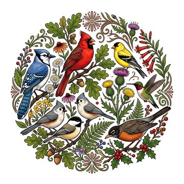 Colorful songbirds and wildflowers arranged in a circular wreath