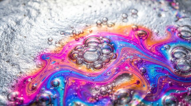 Abstract macro background of vibrant iridescent oily film with bubbles swirling on a textured silver metallic surface