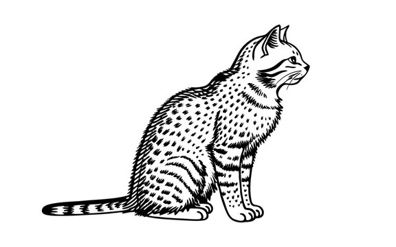 Wildcat sitting in side profile with fur markings. Hand drawn feline illustration in vintage engraving style. Isolated animal artwork for wildlife, nature, tattoo, print, and design graphic.