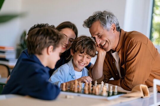 Multi-generation family playing chess together with a cheerful grandfather and children for leisure and intergenerational bonding content