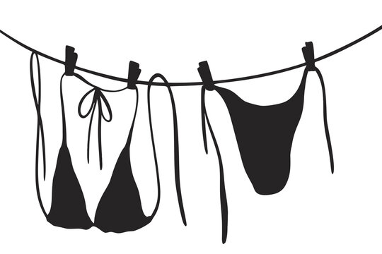 Bikini swimwear set hanging on a clothesline with clothespins. Minimal beach fashion illustration showing drying two piece garments. Clean summer apparel silhouette for lifestyle design.