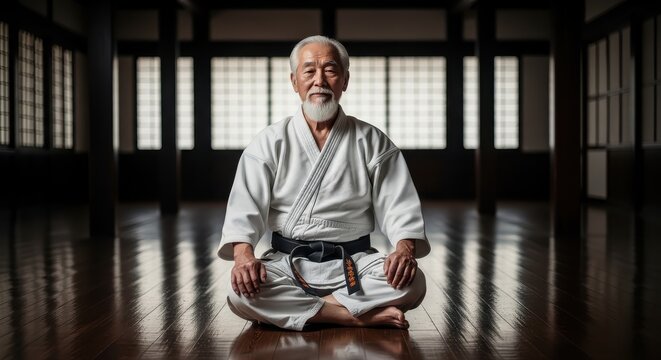 Senior Japanese Martial Arts Master Sitting in Traditional Dojo, Wise Sensei in White Gi with Black Belt