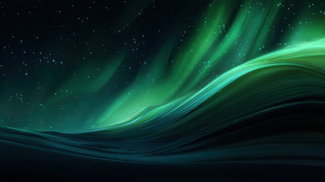 Abstract 3D aurora borealis wave flowing with glowing green and teal light streaks across a starry night cosmic sky