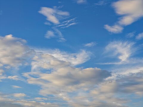 Bright Blue Sky with Wispy Clouds at Sunrise or Sunset
