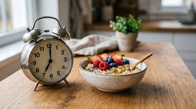 Morning chrononutrition meal featuring a healthy oatmeal bowl and vintage alarm clock on a wooden table