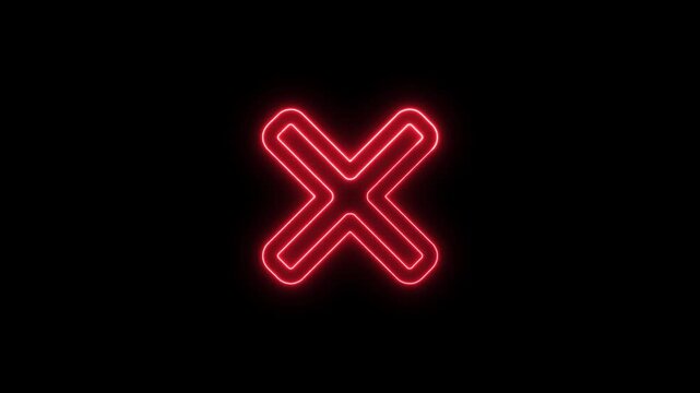 Red Neon Cross Close Cancel Symbol Glowing on Black Background