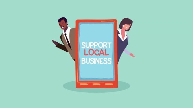 A Man and Woman Flank a Sign that Reads Support Local Business, Community Solidarity and Economic Support Motion Graphic.