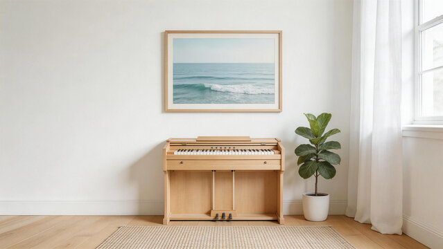 Piano in minimalist room with ocean art