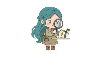 Fototapeta premium Chibi girl with magnifying glass reading book