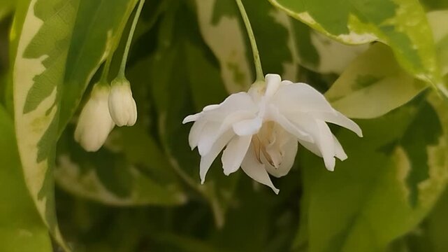 White Wrightia religiosa flower and buds hanging with variegated leaves in soft natural light