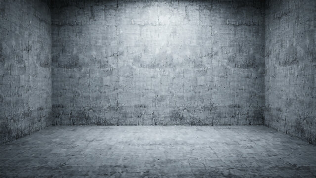 Empty interior room with textured concrete walls and floor in dim light