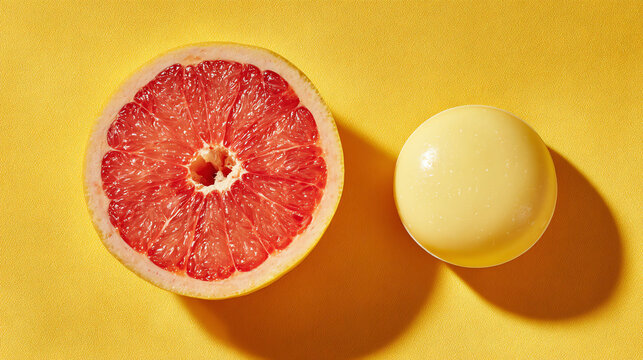 Sliced Grapefruit with Lemon Candy on Yellow Background