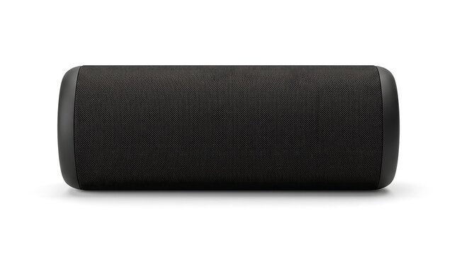 Modern black portable wireless speaker isolated on a white background.