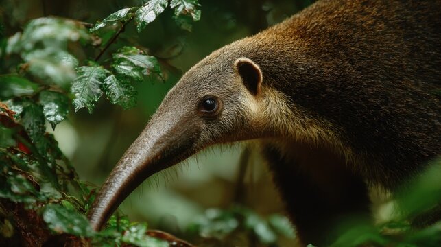 Close up portrait of a tamandua anteater with long snout searching for ants among green rainforest leaves and foliage
