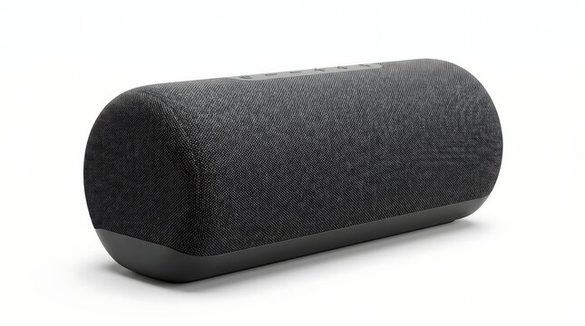 Modern portable wireless bluetooth speaker with fabric texture isolated on white background.