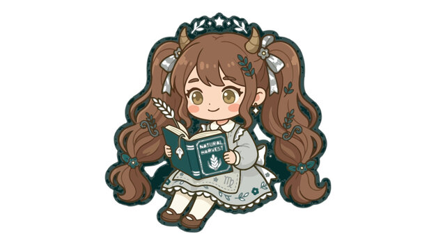 Cute anime girl reading a book, chibi style
