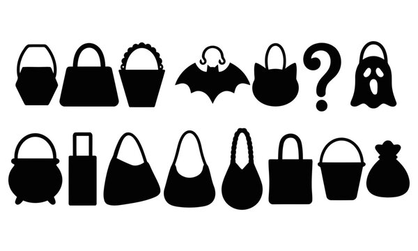 Flat black handbags and purses icon set
