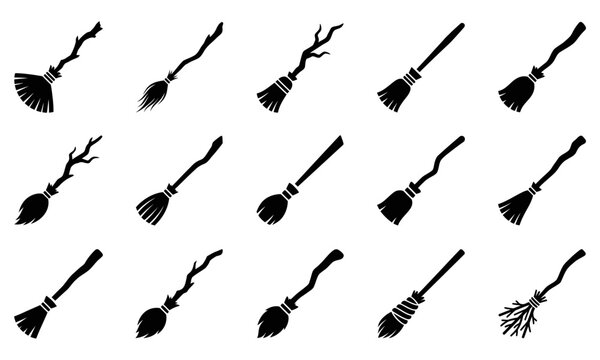 Black witch broomsticks flying icon set