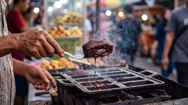 Vendor Grilling Kue Balok on Charcoal Grill at Night Market