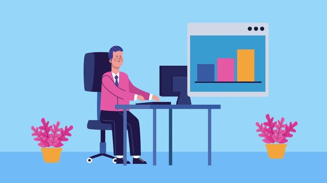 Cartoon Man Sitting at a Desk with Two Computers and a Plant on a Light Blue Background, Modern Workstation and Remote Work Motion Graphic.