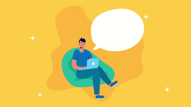 Cartoon Man with Laptop Sitting in a Green Chair with a Speech Bubble above His Head on a Yellow Background, Creative Workspace Vector Illustration.