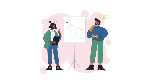 Cartoon of Two People Standing near a Business Graph with One Holding a Clipboard and the Other Having a Lightbulb above Head, Creative Idea Vector Illustration.