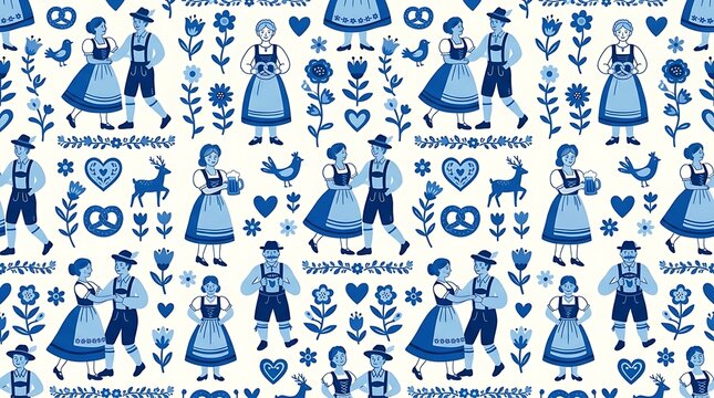 Traditional bavarian folk festival seamless pattern in blue and white
