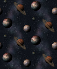 Seamless sophisticated abstract texture featuring a mystical outer space scene with planets, rings, shooting stars, and nebulae for cosmic interior design © shimpei