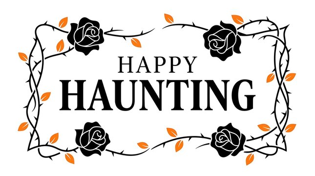 Happy haunting text framed by black roses and thorny vines on a white background