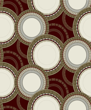 Seamless sophisticated burgundy and ivory geometric pattern featuring elegant layered ornamental plates with intricate gold arabesque textures and classic luxury motifs