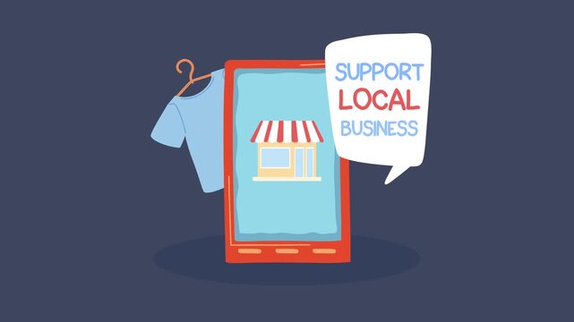 Digital Storefront Graphic of a Smartphone Displaying a Local Shop with a Speech Bubble Urging Support Local Business, Conceptual Vector Illustration.